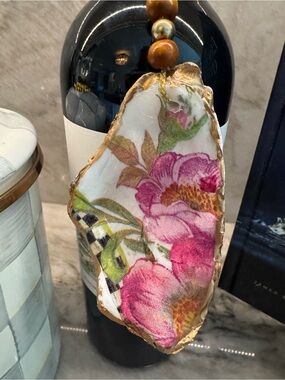 Hand-Crafted  Pink Flower Market Ornament / Wine Charm Pink and  Gold Trim